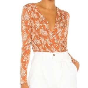 Intimately Free People Burnt Orange Floral Print Long Sleeve XL Thong Bodysuit